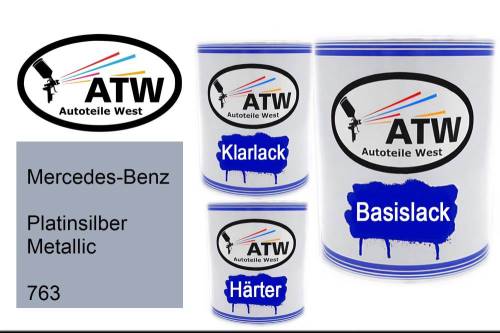Mercedes-Benz, Platinsilber Metallic, 763: 1L Lackdose + 1L Klarlack + 500ml Härter - Set, von ATW Autoteile West.